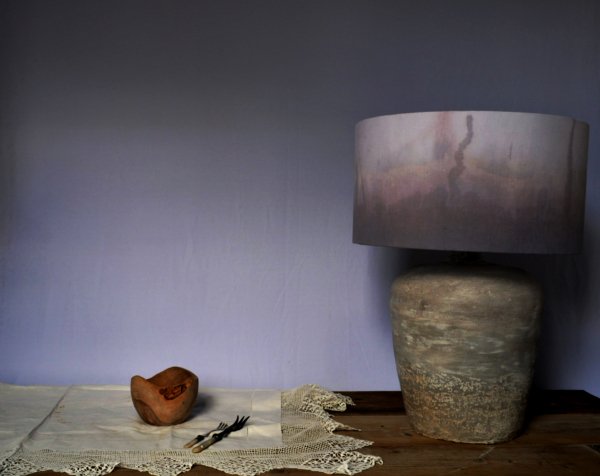 handmade buff clay lamp with organic linen shade