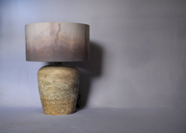 handmade buff clay lamp with organic linen shade